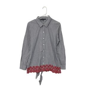 Tommy Hilfiger Womens Navy Gingham Tie Back Button Up Blouse Size Large